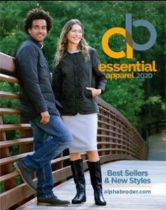 Apparel catalog page with models wearing men's and women's clothing items.